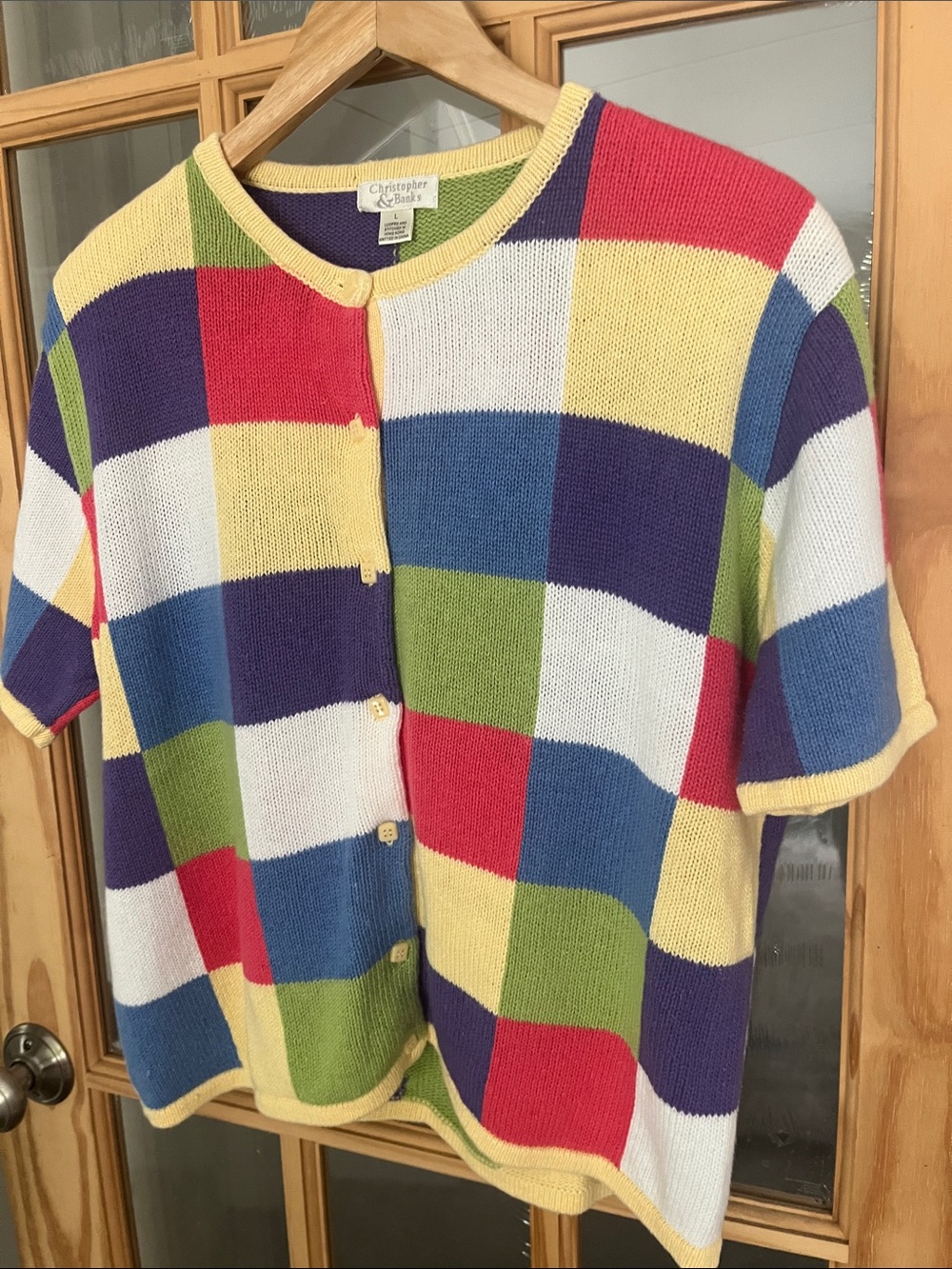 VTG 80s Patchwork Multi Color Cotton Knit Short Sleeve Cardigan Sweater Large